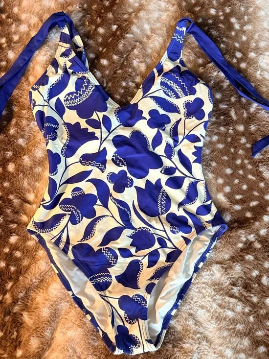 Kate Spade New York Blue White Zigzag Floral One Piece Swimsuit Size M - Picture 2 of 5